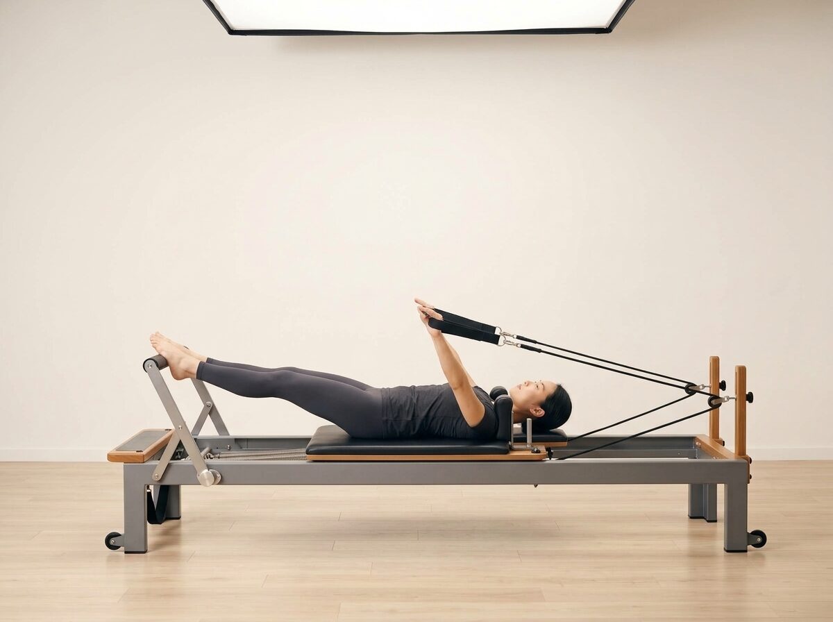 AI-generated illustration: an instructor performing Arm Circles, on a Reformer, springs set to 1 medium or 1 light spring, footbar High, headrest Up. Illustrative only — the schematic diagram above shows the movement.