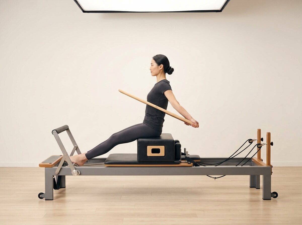 AI-generated illustration: an instructor performing Back Rowing Back, on a Reformer, springs set to 1 strong or 1 medium spring, footbar Down, headrest Down, using Sitting Box and Pole and Long Box. Illustrative only — the schematic diagram above shows the movement.