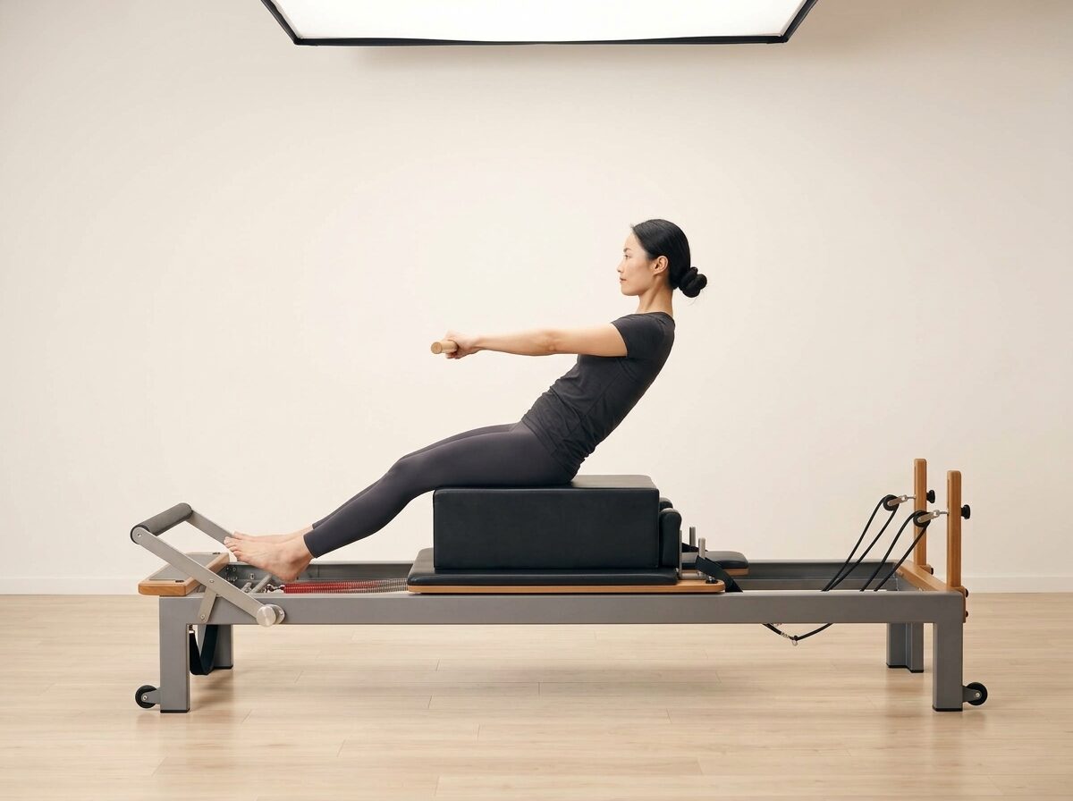 AI-generated illustration: an instructor performing Back Rowing Front, on a Reformer, springs set to 1 strong or 1 medium spring, footbar Down, headrest Down, using Sitting Box and Pole and Long Box. Illustrative only — the schematic diagram above shows the movement.