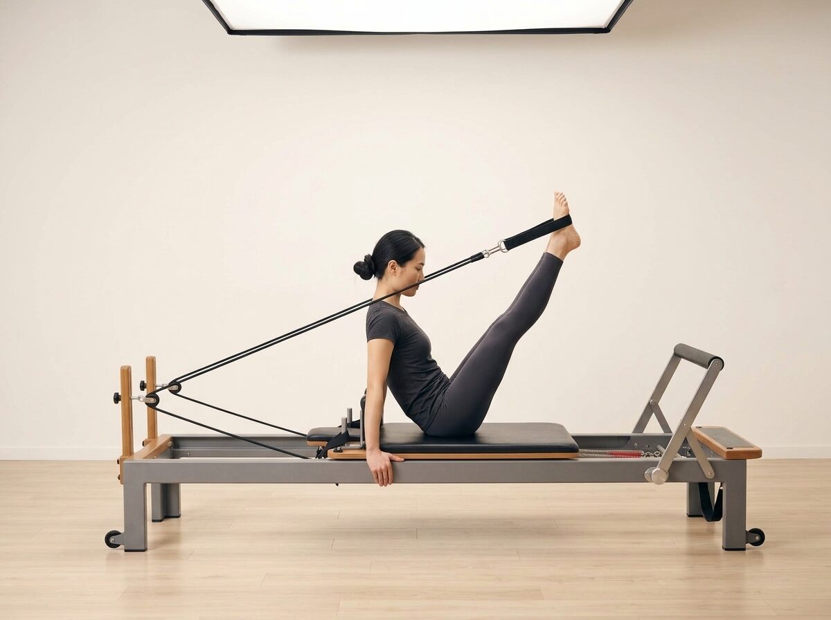 AI-generated illustration: an instructor performing Boomerang, on a Reformer, springs set to 1 medium or 1 light spring, footbar Down, headrest Down. Illustrative only — the schematic diagram above shows the movement.