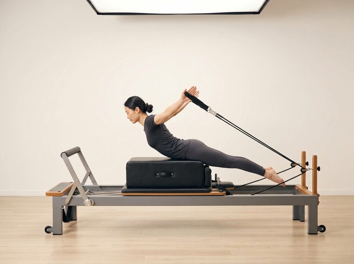 AI-generated illustration: an instructor performing Breaststroke, on a Reformer, springs set to 1 medium or 1 strong spring, footbar High, headrest Down, using Sitting Box and Long Box. Illustrative only — the schematic diagram above shows the movement.