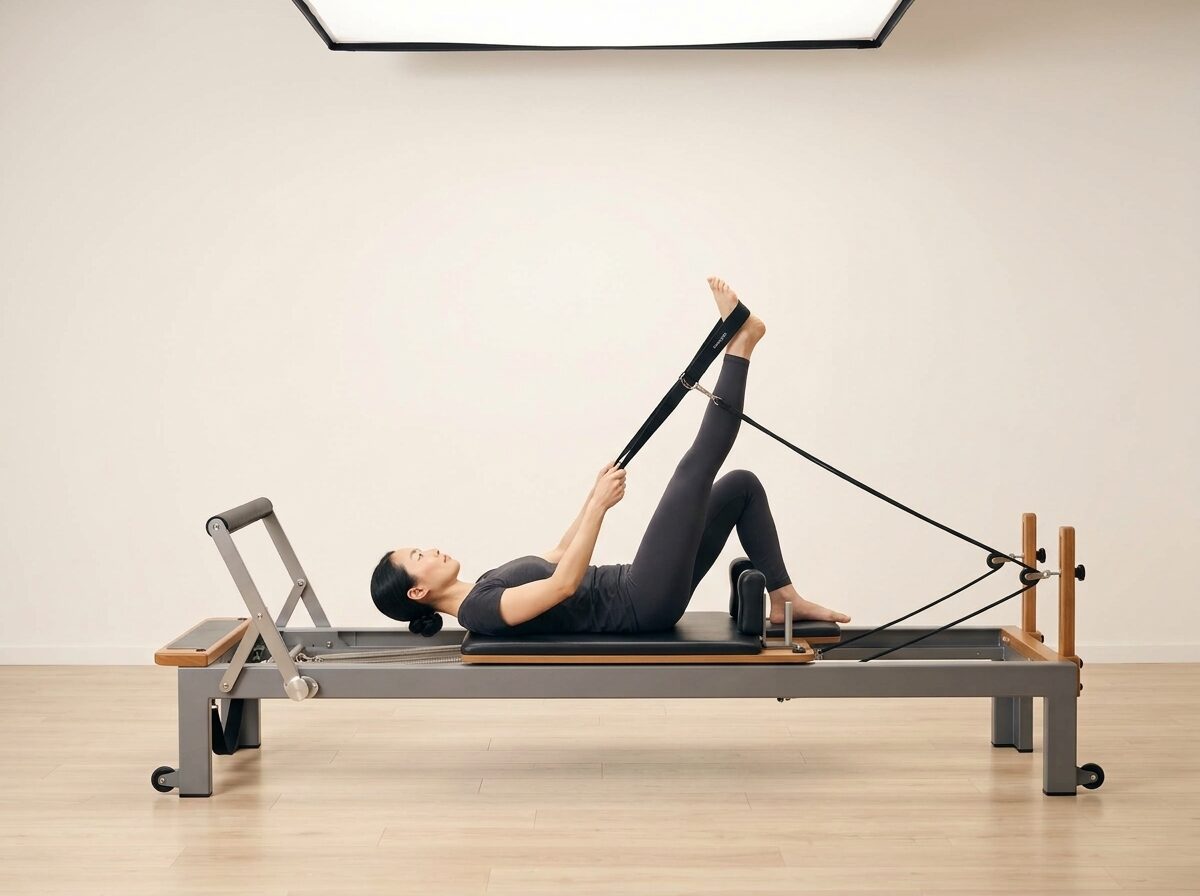 AI-generated illustration: an instructor performing Carriage Hamstring Stretch, on a Reformer, springs set to 1 medium or 1 light spring, footbar Medium, headrest Up. Illustrative only — the schematic diagram above shows the movement.