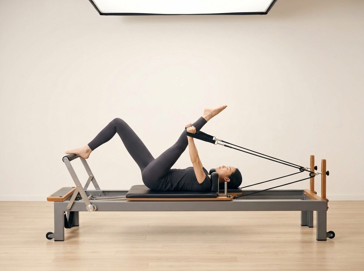 AI-generated illustration: an instructor performing Cheerleader, on a Reformer, springs set to 1 light + 1 medium spring, footbar Down, headrest Down. Illustrative only — the schematic diagram above shows the movement.