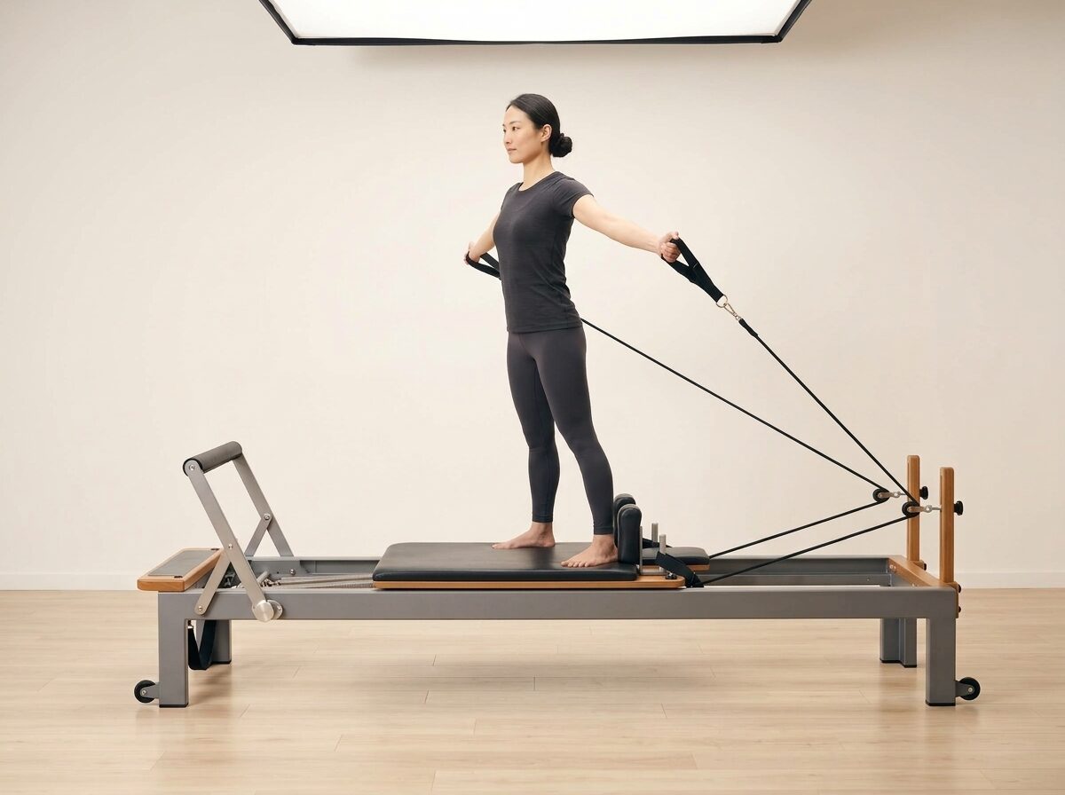 AI-generated illustration: an instructor performing Chest Expansion, on a Reformer, springs set to 1 strong or 1 medium spring, footbar Medium, headrest Medium. Illustrative only — the schematic diagram above shows the movement.