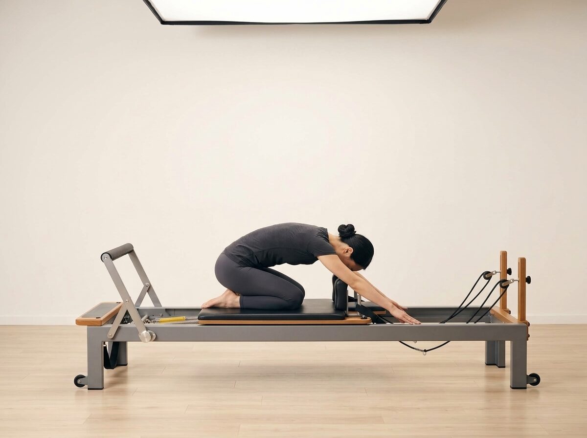 AI-generated illustration: an instructor performing Child's Pose, on a Reformer, springs set to 1 light spring, footbar Down, headrest Down. Illustrative only — the schematic diagram below shows the movement.