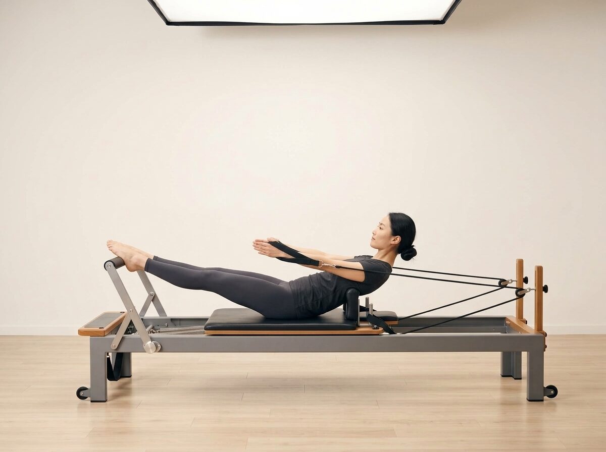 AI-generated illustration: an instructor performing Coordination, on a Reformer, springs set to 1 medium or 1 light spring, footbar High, headrest Up. Illustrative only — the schematic diagram above shows the movement.
