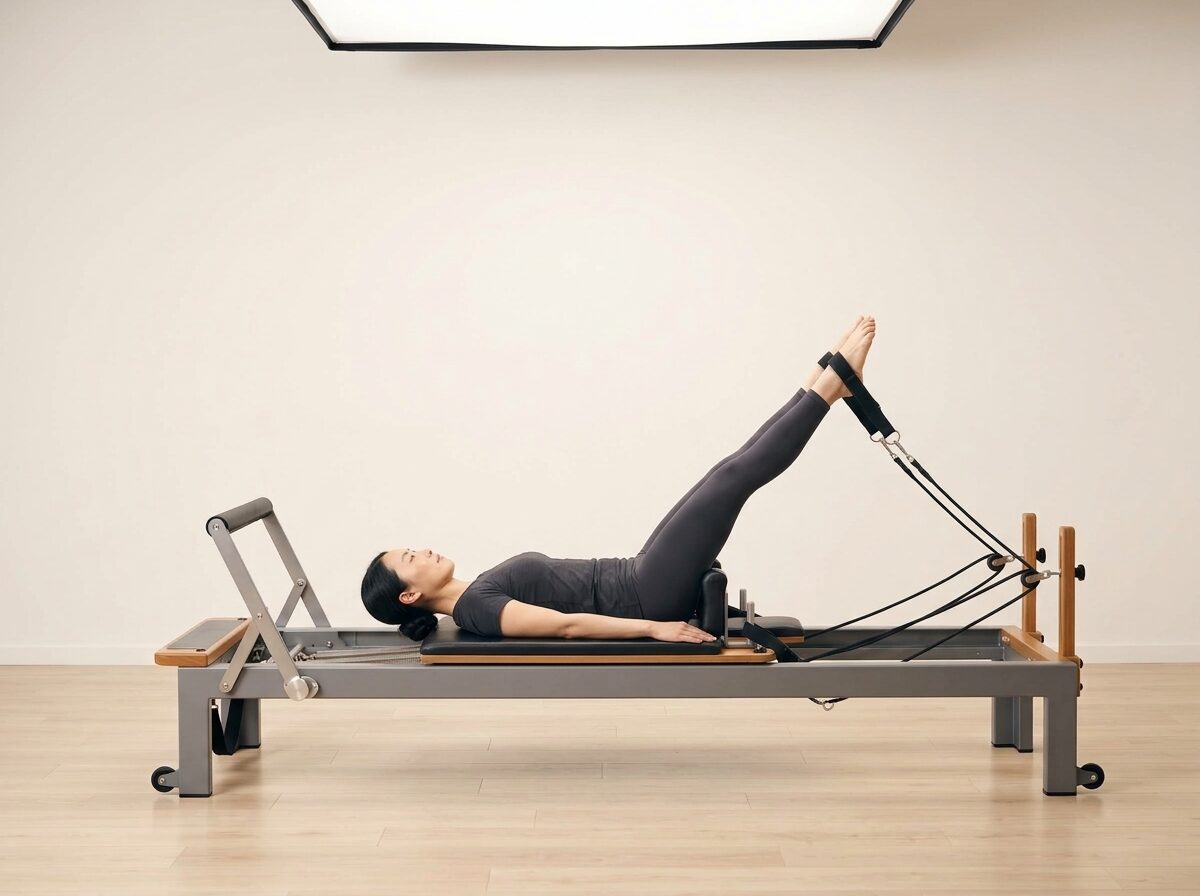 AI-generated illustration: an instructor performing Corkscrew, on a Reformer, springs set to 1 medium spring, footbar Medium, headrest Down. Illustrative only — the schematic diagram above shows the movement.