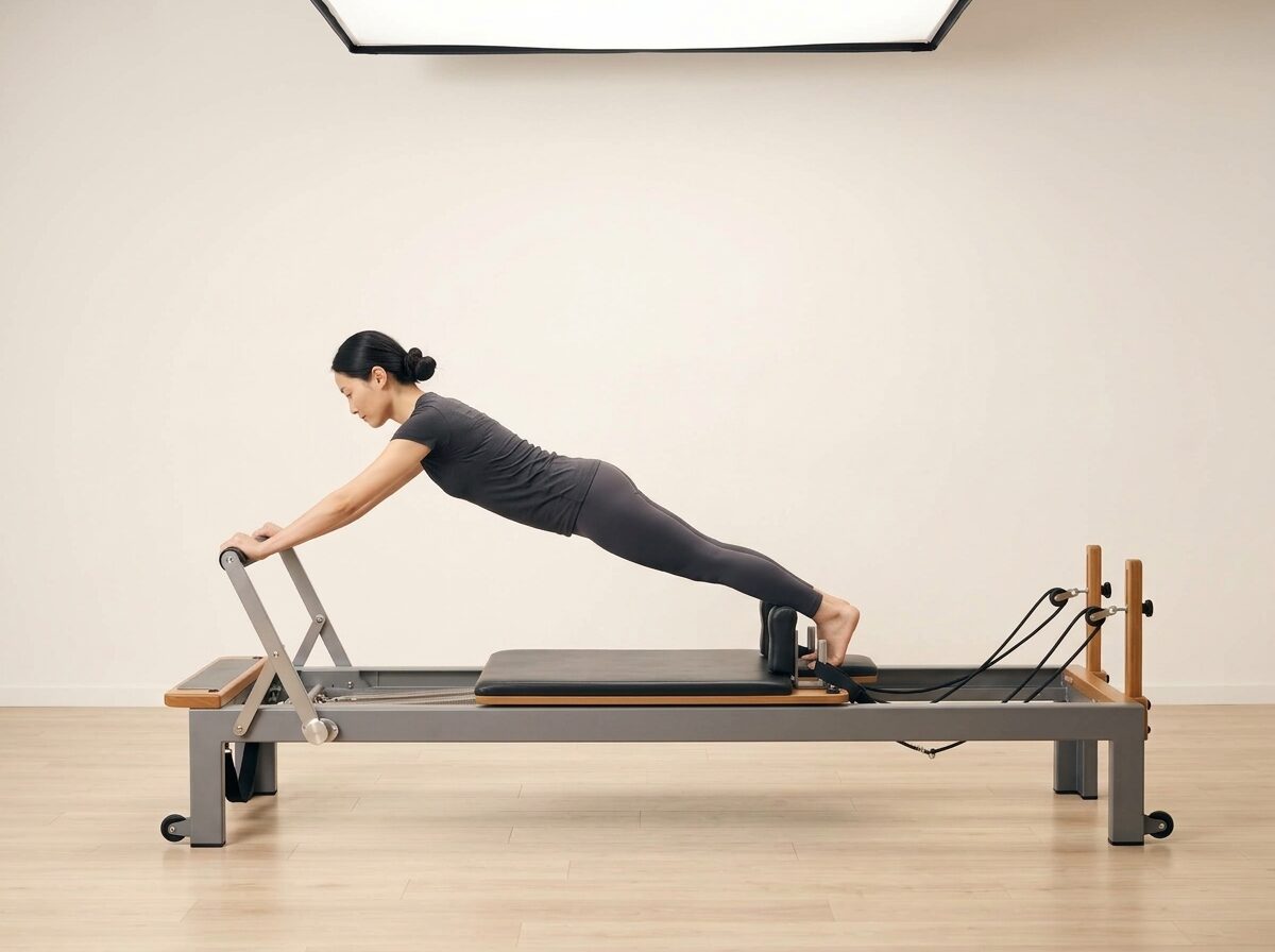 AI-generated illustration: an instructor performing Down Stretch, on a Reformer, springs set to 1 strong or 1 medium spring, footbar Down, headrest Down. Illustrative only — the schematic diagram above shows the movement.
