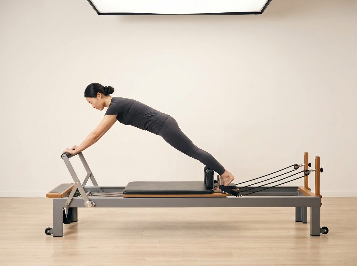 AI-generated illustration: an instructor performing Elephant, on a Reformer, springs set to 1-2 strong springs, footbar Down, headrest Down. Illustrative only — the schematic diagram above shows the movement.