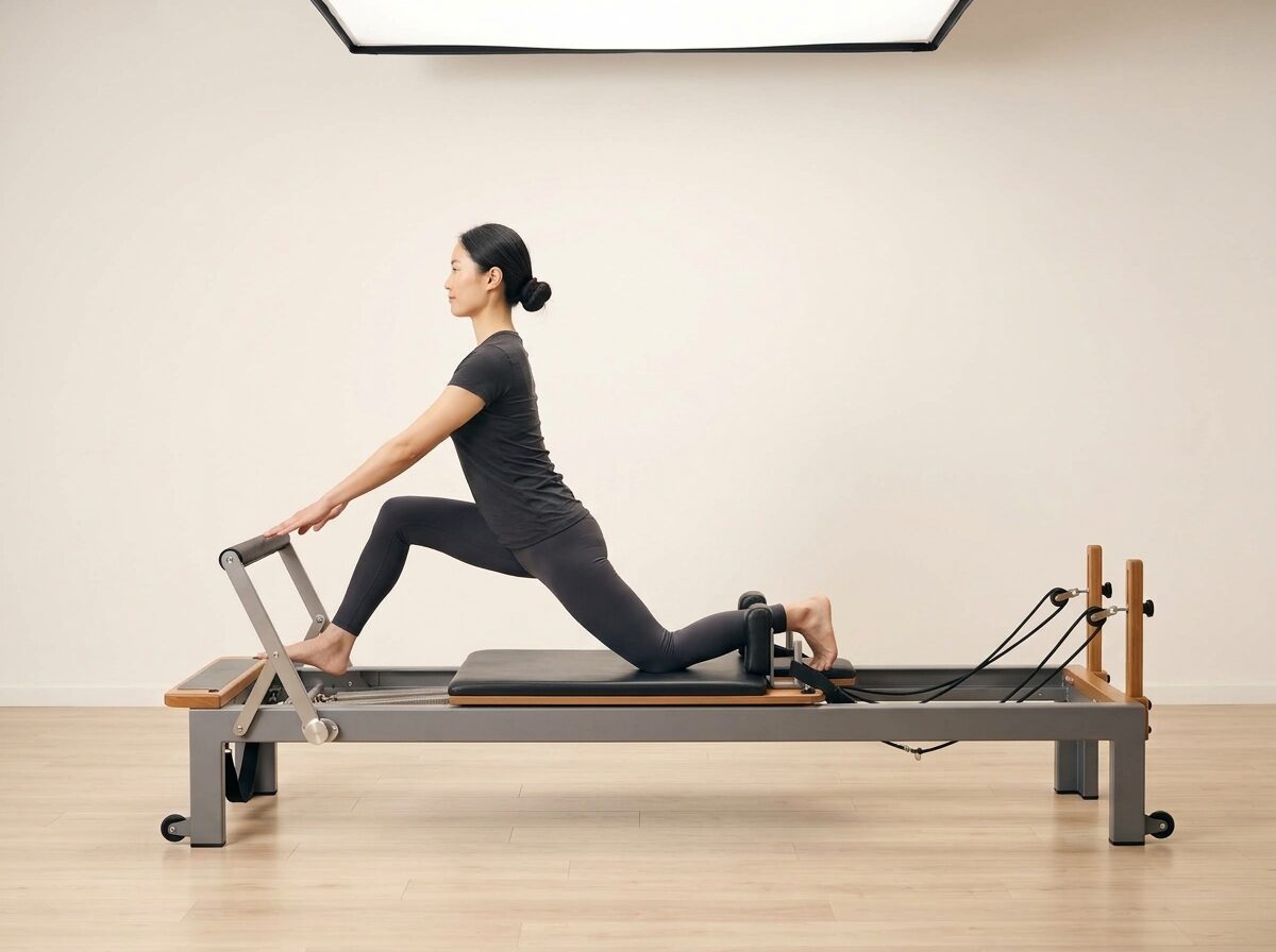 AI-generated illustration: an instructor performing Eve's Lunge, on a Reformer, springs set to 1 medium or 1 light spring, footbar Low, headrest Down. Illustrative only — the schematic diagram above shows the movement.