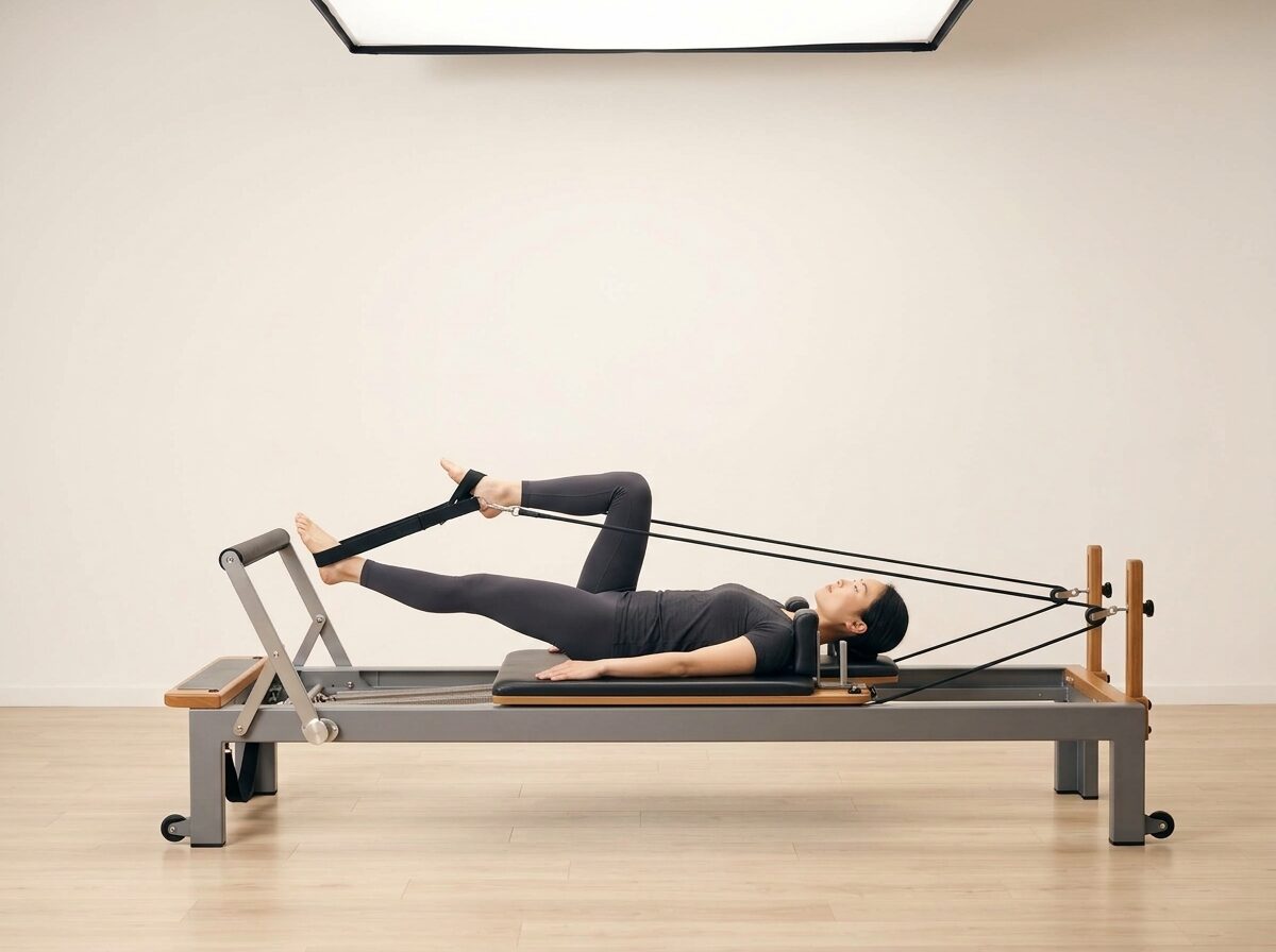 AI-generated illustration: an instructor performing Feet in Straps: Bicycles, on a Reformer, springs set to 2 medium springs, footbar Medium, headrest Medium. Illustrative only — the schematic diagram above shows the movement.