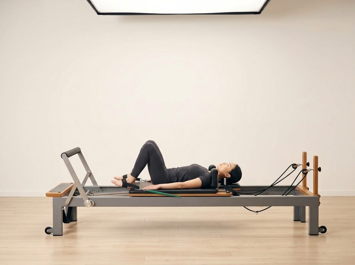 AI-generated illustration: an instructor performing Feet in Straps: Frog, on a Reformer, springs set to 2 medium springs, footbar Medium, headrest Medium. Illustrative only — the schematic diagram above shows the movement.