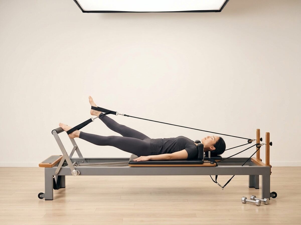 AI-generated illustration: an instructor performing Feet in Straps: Leg Circles, on a Reformer, springs set to 1 medium spring, footbar Medium, headrest Medium. Illustrative only — the schematic diagram above shows the movement.