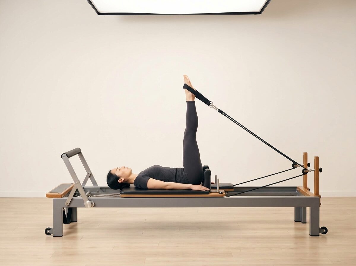 AI-generated illustration: an instructor performing Feet in Straps: Leg Press, on a Reformer, springs set to 2 medium springs, footbar Medium, headrest Medium. Illustrative only — the schematic diagram above shows the movement.