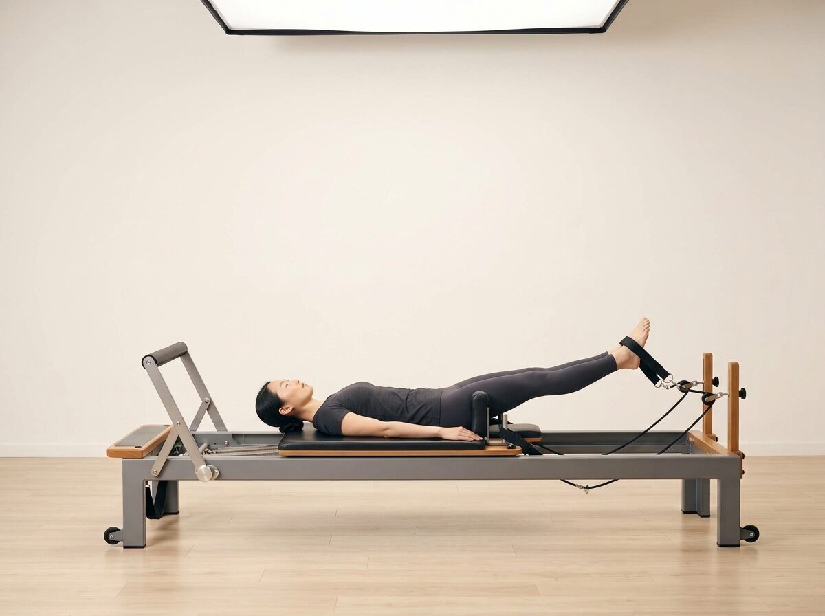 AI-generated illustration: an instructor performing Feet in Straps: Lift & Lower, on a Reformer, springs set to 1 medium spring, footbar Medium, headrest Medium. Illustrative only — the schematic diagram above shows the movement.