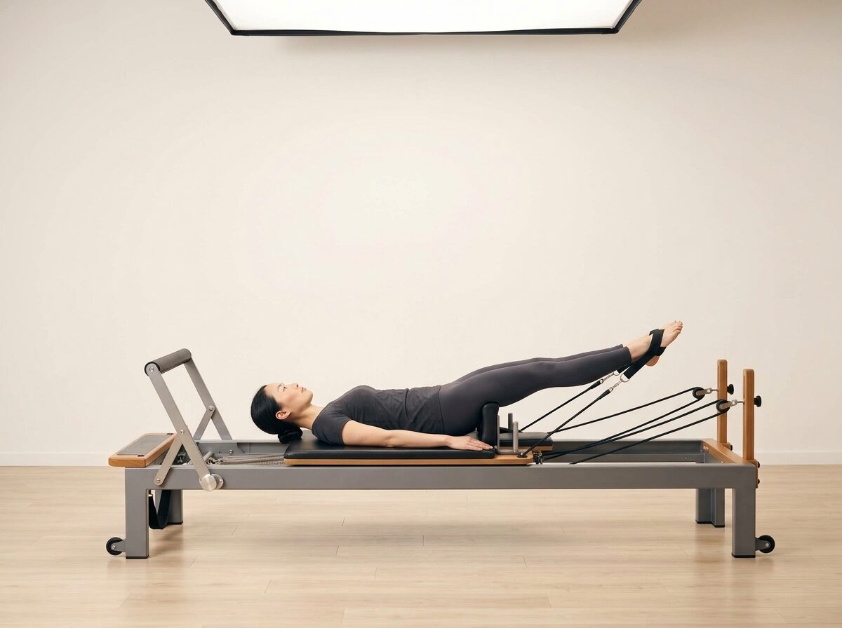 AI-generated illustration: an instructor performing Feet in Straps: Reverse Leg Press, on a Reformer, springs set to 1 medium spring, footbar Medium, headrest Medium. Illustrative only — the schematic diagram above shows the movement.