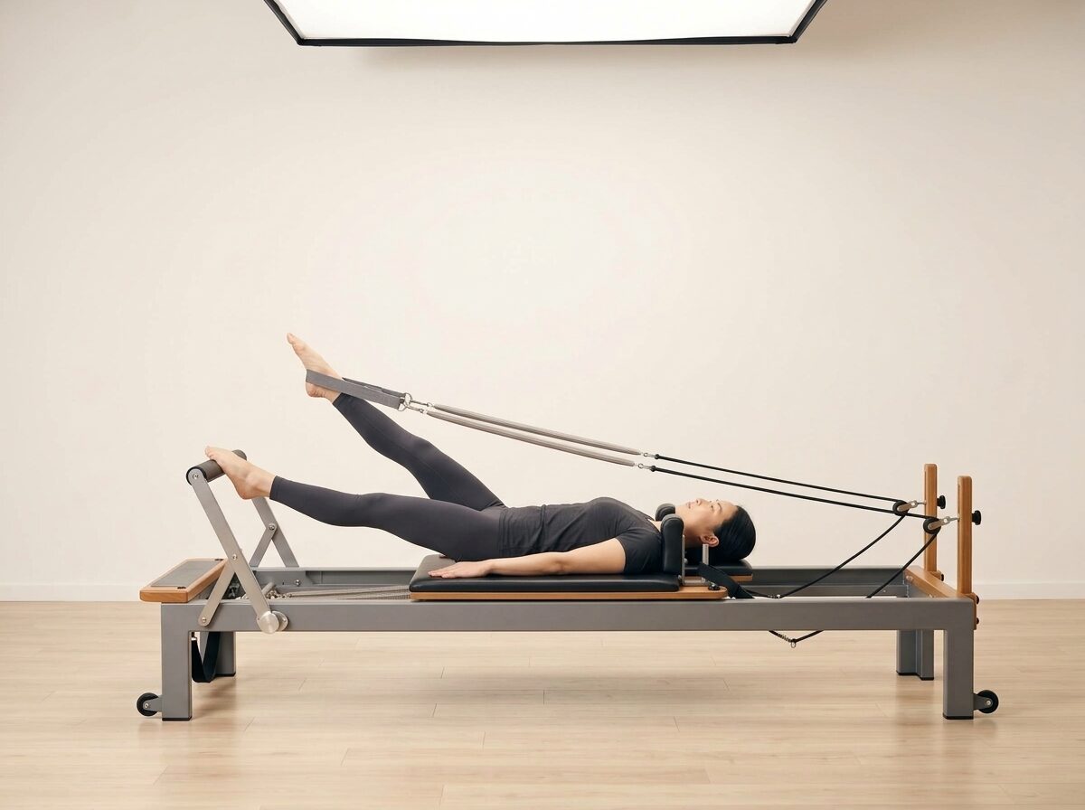 AI-generated illustration: an instructor performing Feet in Straps: Scissors, on a Reformer, springs set to 2 medium springs, footbar Medium, headrest Medium. Illustrative only — the schematic diagram above shows the movement.
