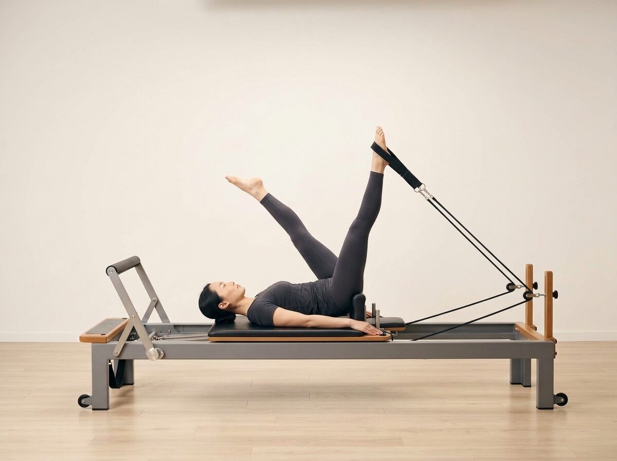 AI-generated illustration: an instructor performing Feet in Straps: Side Splits, on a Reformer, springs set to 2 medium springs, footbar Medium, headrest Medium. Illustrative only — the schematic diagram above shows the movement.
