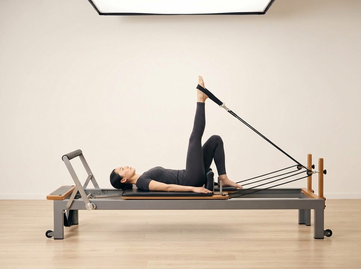 AI-generated illustration: an instructor performing Feet in Straps: Walking, on a Reformer, springs set to 2 medium springs, footbar Medium, headrest Medium. Illustrative only — the schematic diagram above shows the movement.