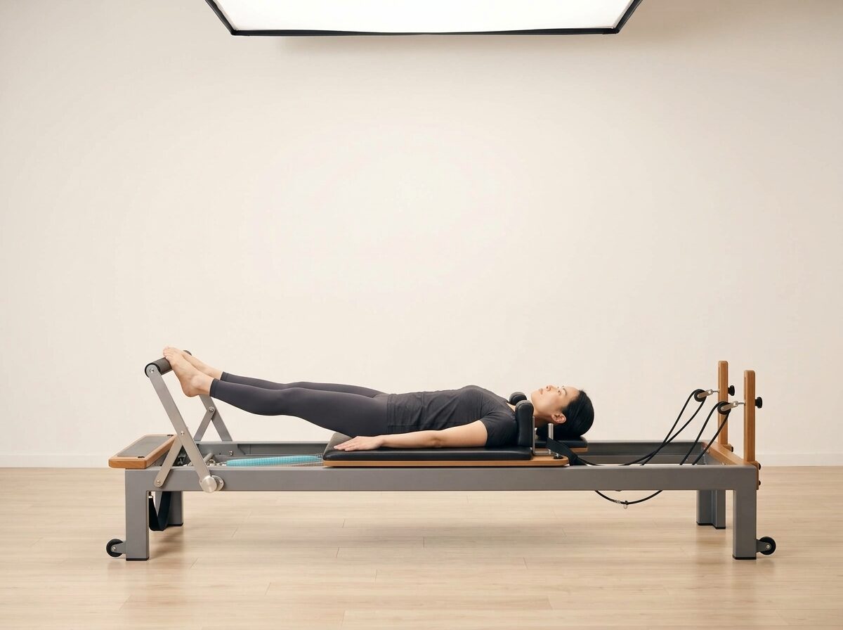 AI-generated illustration: an instructor performing Footwork: Ankle Extension, on a Reformer, springs set to 1 medium or 1 light spring, footbar High, headrest Up. Illustrative only — the schematic diagram below shows the movement.