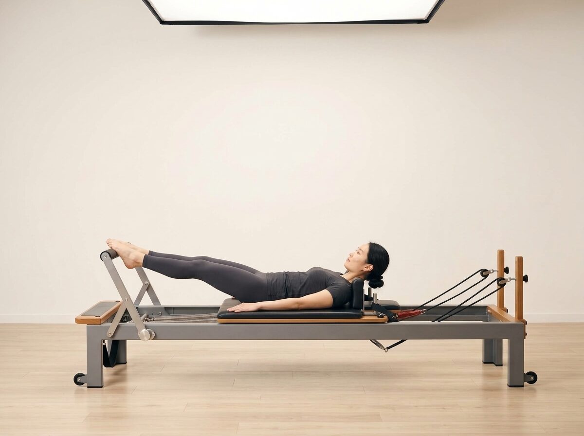 AI-generated illustration: an instructor performing Footwork: Calf Raises, on a Reformer, springs set to 2 medium springs, footbar High, headrest Up. Illustrative only — the schematic diagram above shows the movement.