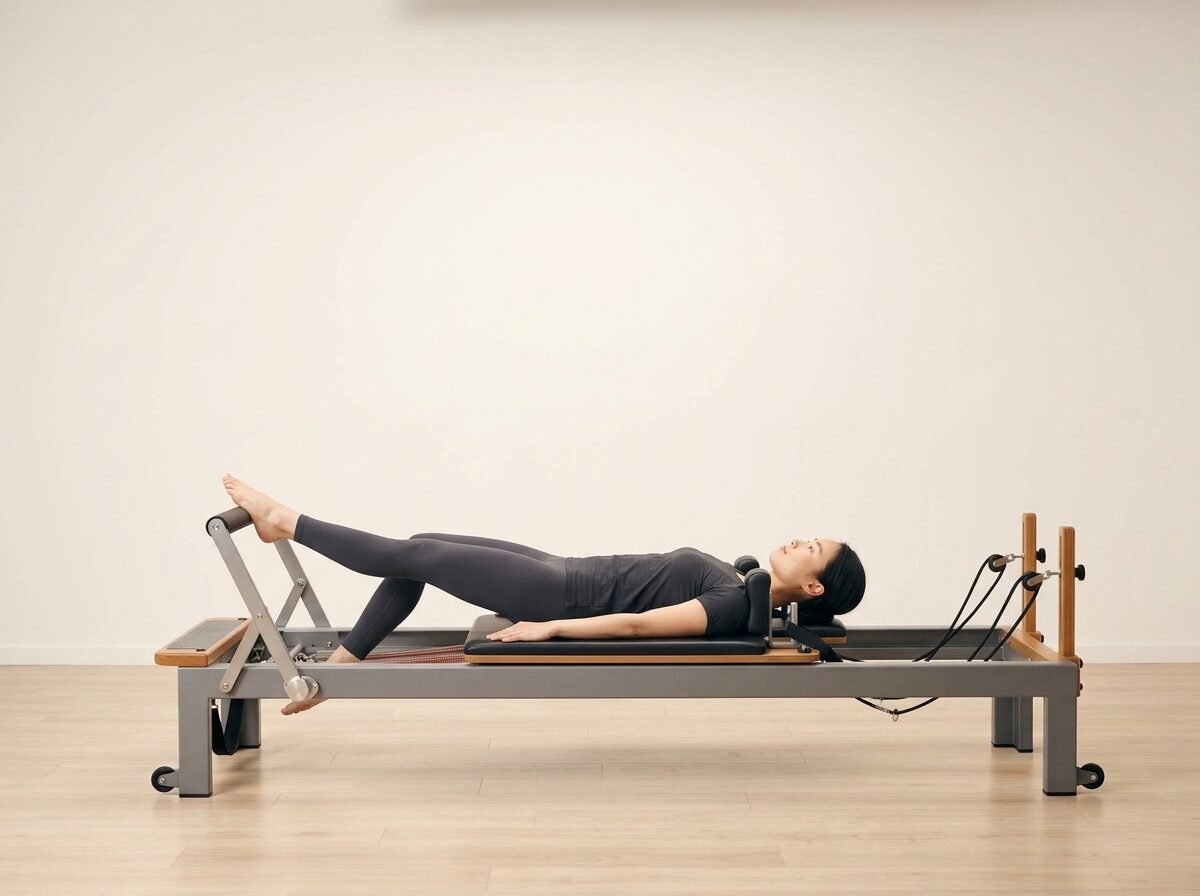 AI-generated illustration: an instructor performing Footwork: Running, on a Reformer, springs set to 1 medium spring, footbar High, headrest Up. Illustrative only — the schematic diagram above shows the movement.