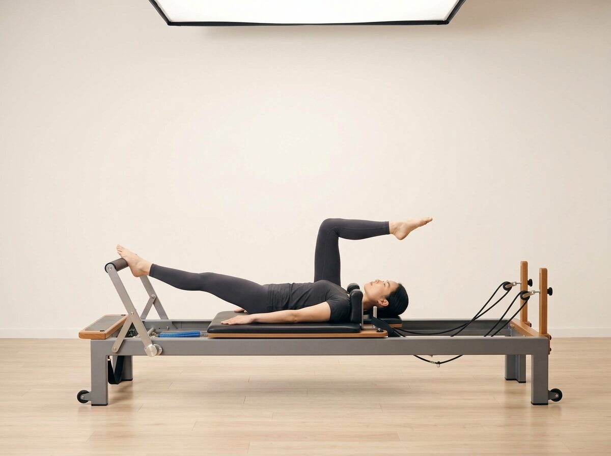 AI-generated illustration: an instructor performing Footwork: Single Leg, on a Reformer, springs set to 1 strong or 1 medium spring, footbar Medium, headrest Up. Illustrative only — the schematic diagram above shows the movement.