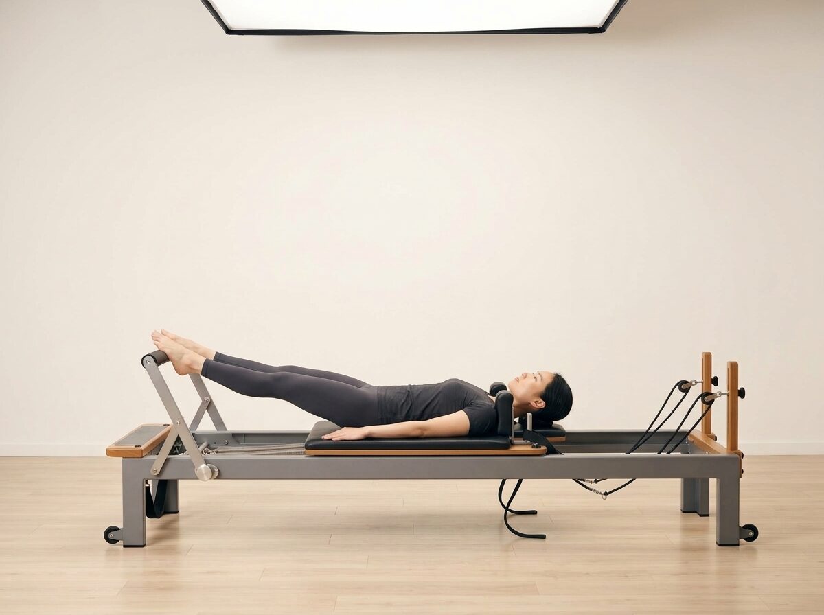 AI-generated illustration: an instructor performing Footwork: V Position, on a Reformer, springs set to 2 medium springs, footbar Medium, headrest Up. Illustrative only — the schematic diagram below shows the movement.