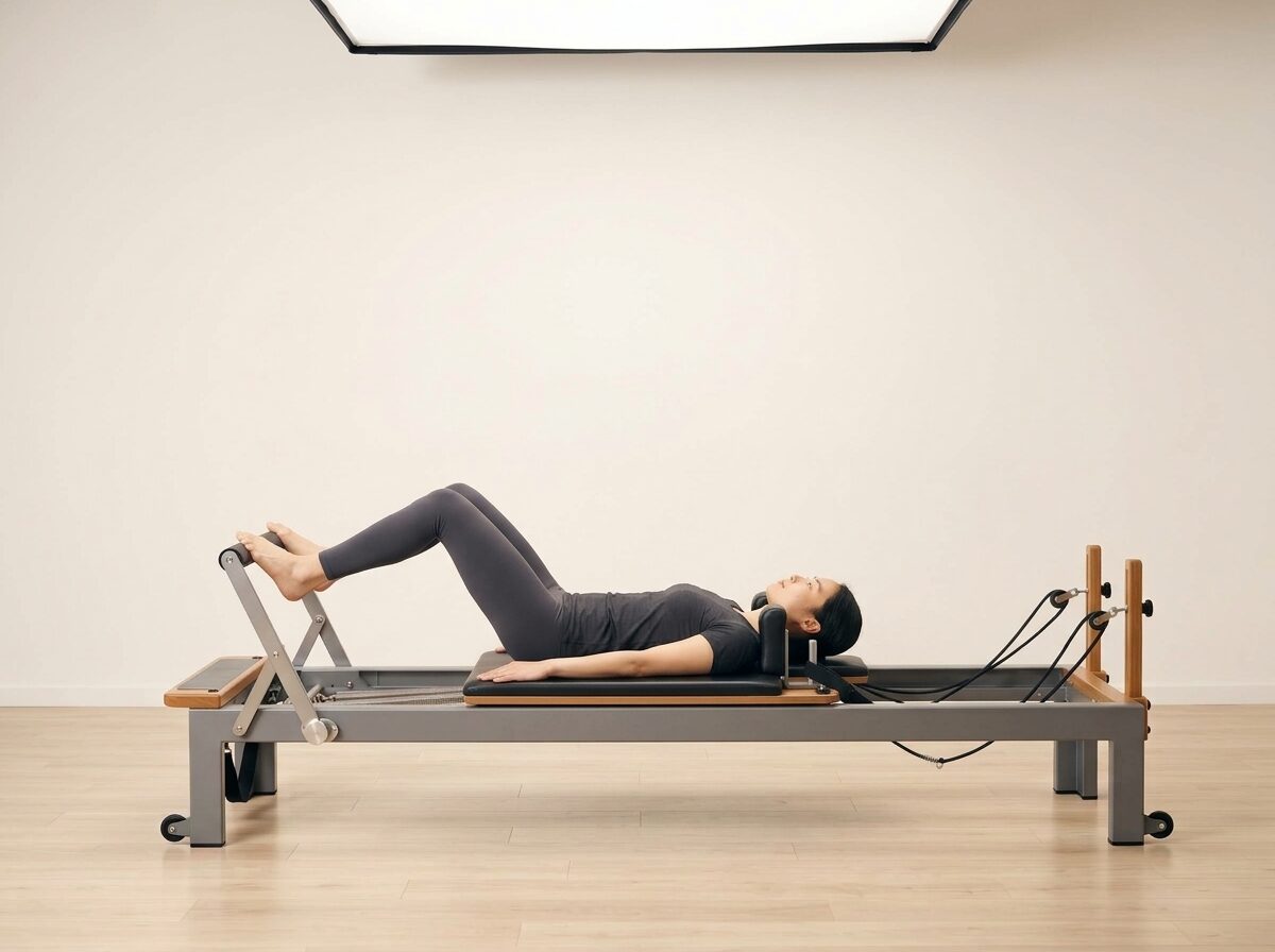 AI-generated illustration: an instructor performing Footwork: Wide Stance, on a Reformer, springs set to 2 medium springs, footbar Medium, headrest Up. Illustrative only — the schematic diagram above shows the movement.