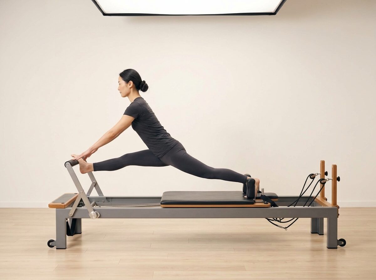 AI-generated illustration: an instructor performing Front Splits, on a Reformer, springs set to 1 light spring, footbar Medium, headrest Down. Illustrative only — the schematic diagram above shows the movement.