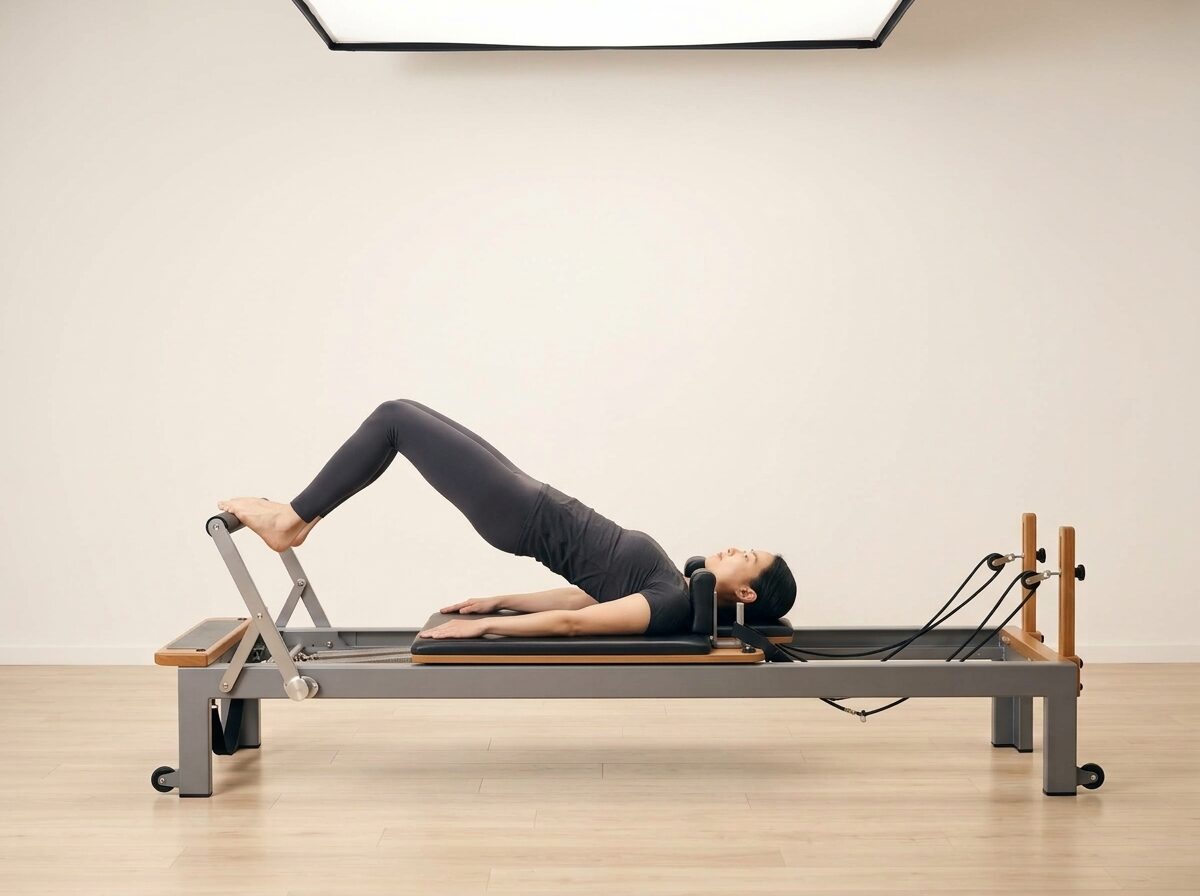 AI-generated illustration: an instructor performing Glute Bridge, on a Reformer, springs set to 2 strong or 2 strong + 1 medium springs, footbar Medium, headrest Up. Illustrative only — the schematic diagram below shows the movement.