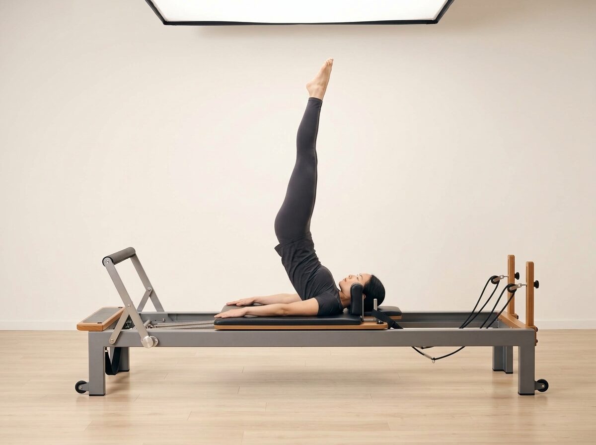 AI-generated illustration: an instructor performing Jackknife, on a Reformer, springs set to 1 medium spring, footbar Down, headrest Down. Illustrative only — the schematic diagram above shows the movement.