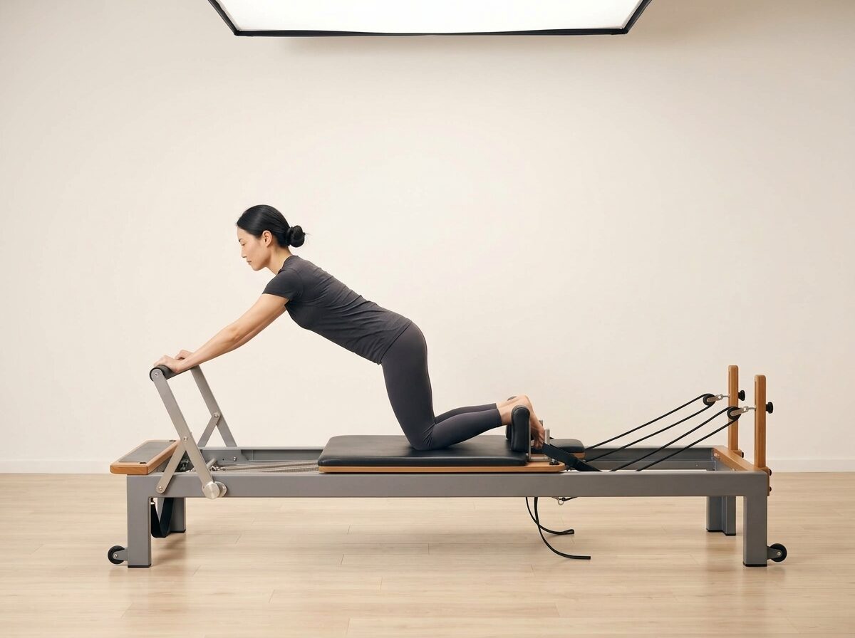 AI-generated illustration: an instructor performing Knee Stretches: Flat Back, on a Reformer, springs set to 1 strong or 1 medium spring, footbar Down, headrest Down. Illustrative only — the schematic diagram above shows the movement.