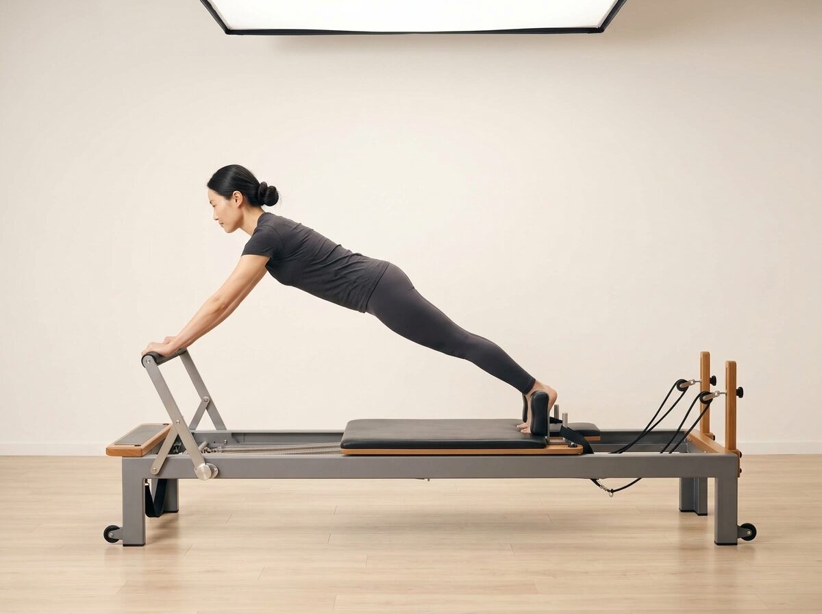 AI-generated illustration: an instructor performing Knee Stretches: Knees Off, on a Reformer, springs set to 1 strong or 1 medium spring, footbar Down, headrest Down. Illustrative only — the schematic diagram above shows the movement.