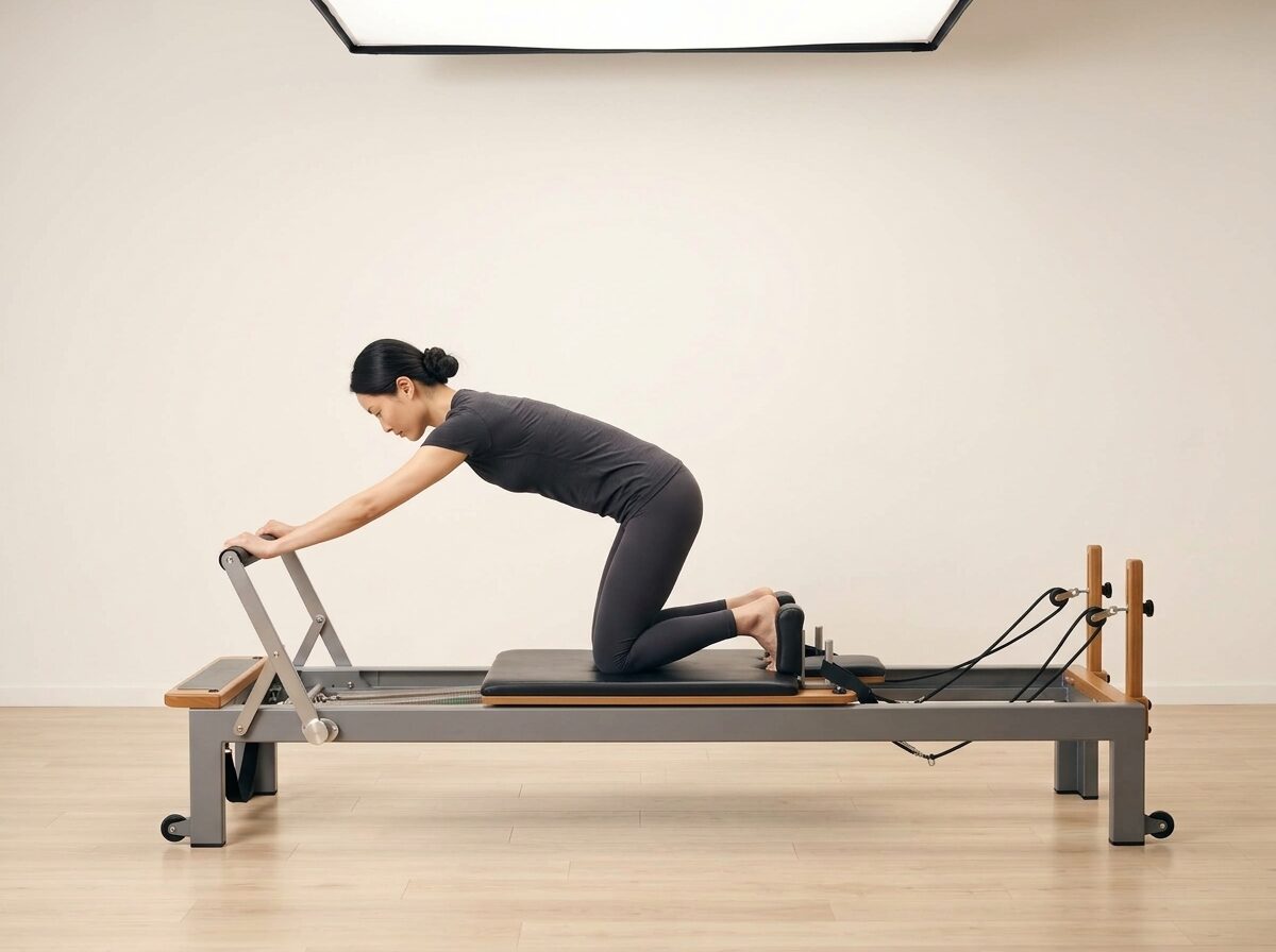 AI-generated illustration: an instructor performing Knee Stretches: Round Back, on a Reformer, springs set to 1-2 strong springs, footbar Down, headrest Down. Illustrative only — the schematic diagram above shows the movement.