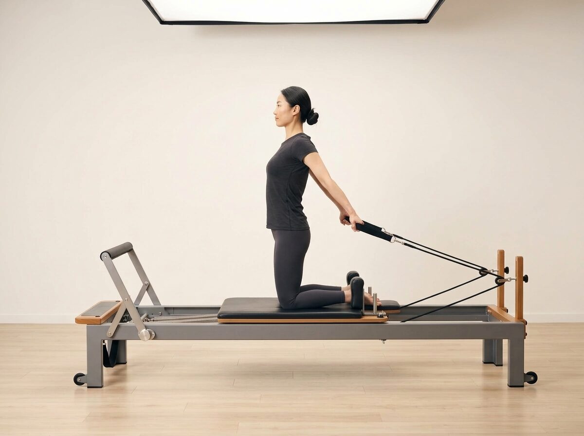 AI-generated illustration: an instructor performing Kneeling Chest Expansion, on a Reformer, springs set to 1 medium or 1 light spring, footbar Medium, headrest Down. Illustrative only — the schematic diagram above shows the movement.
