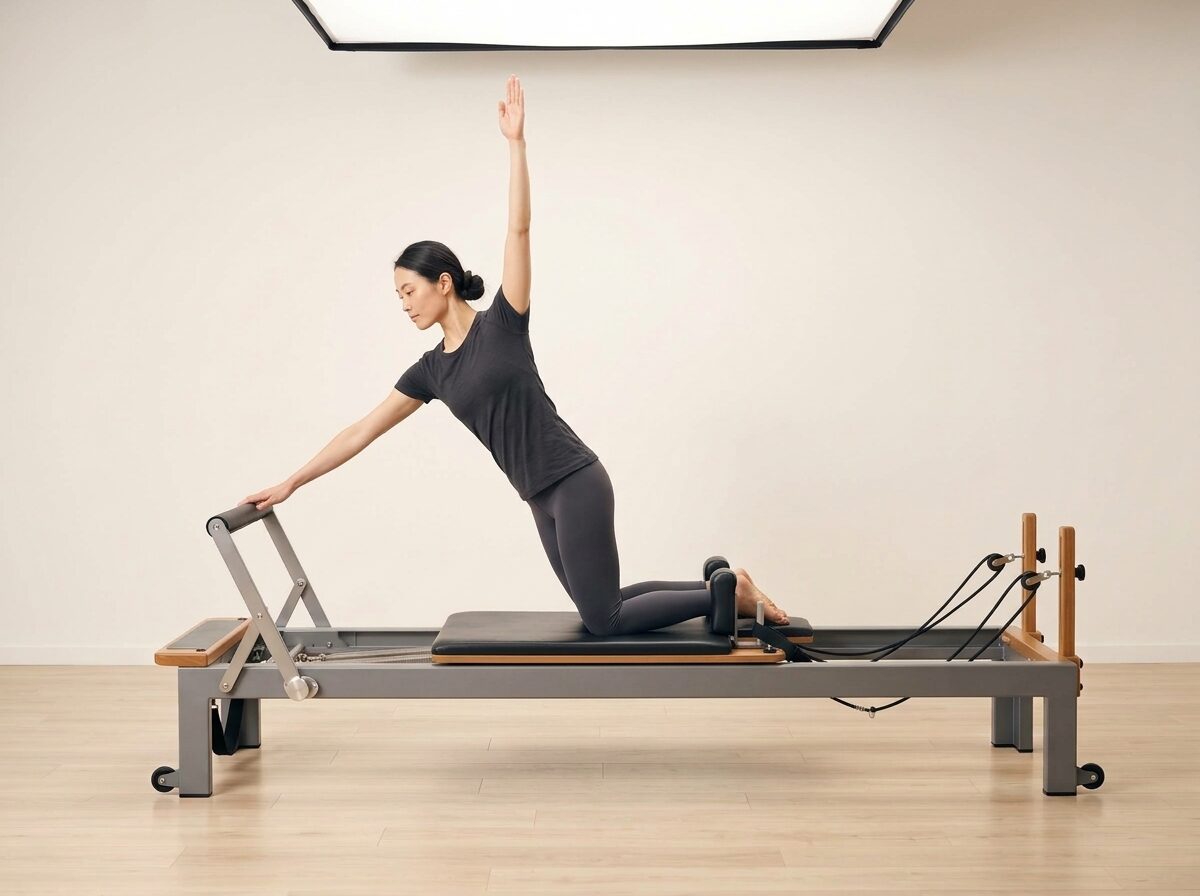 AI-generated illustration: an instructor performing Kneeling Side Arms, on a Reformer, springs set to 1 medium or 1 light spring, footbar Down, headrest Down. Illustrative only — the schematic diagram above shows the movement.