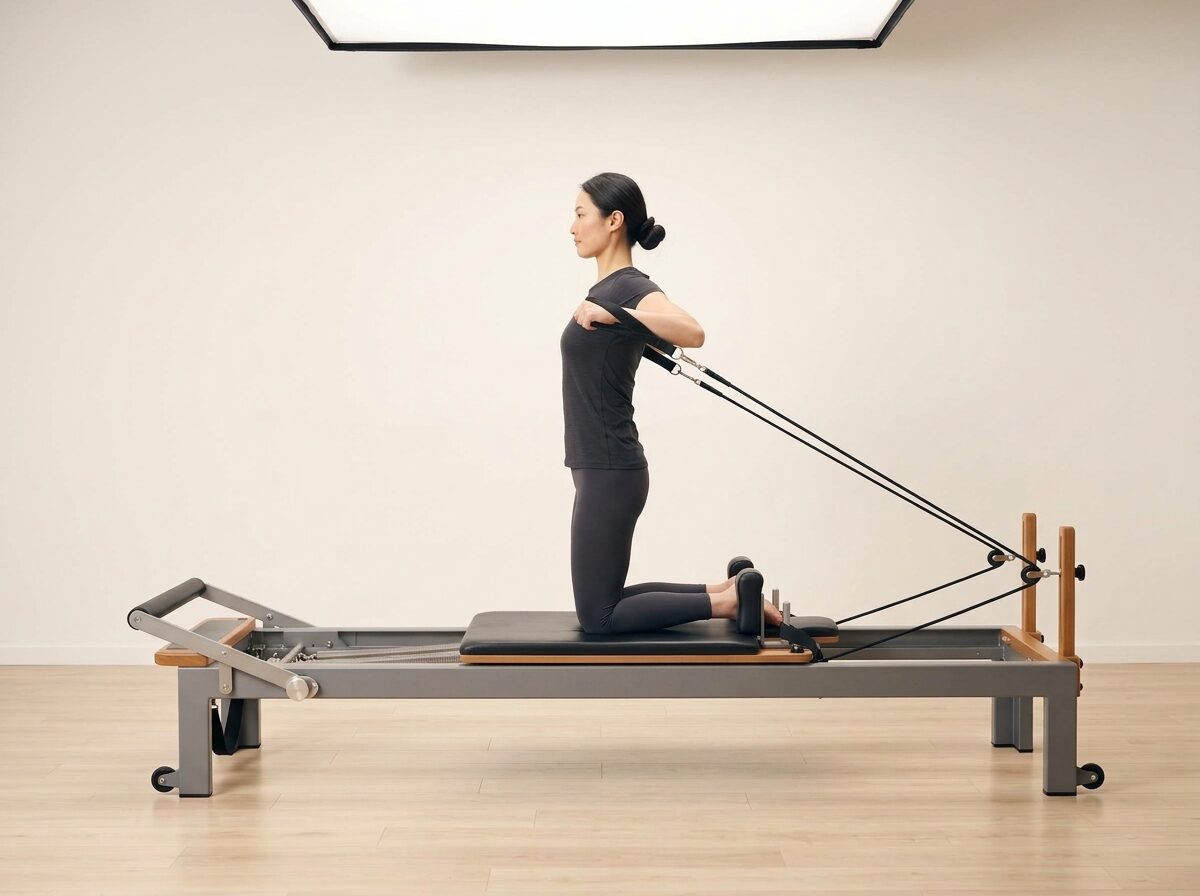 AI-generated illustration: an instructor performing Kneeling W Raises, on a Reformer, springs set to 1 medium or 1 light spring, footbar Down, headrest Down. Illustrative only — the schematic diagram below shows the movement.