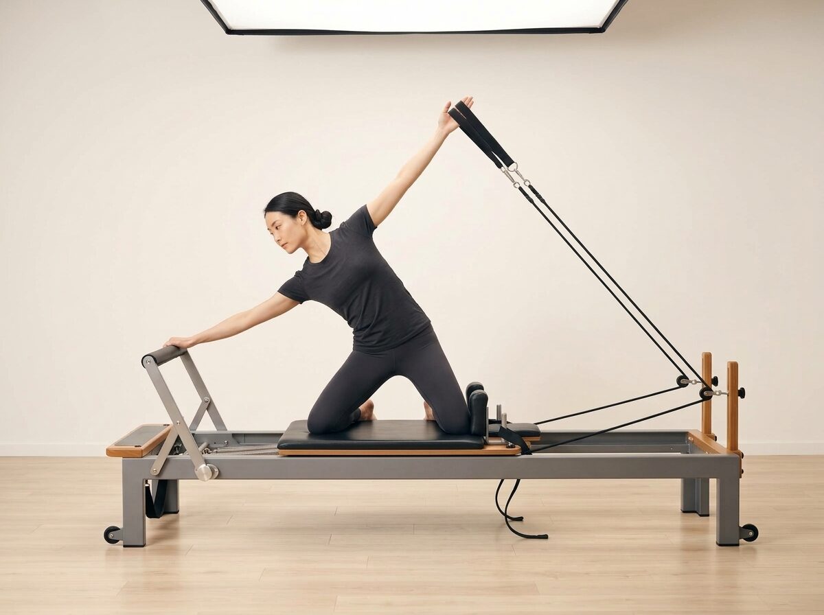 AI-generated illustration: an instructor performing Lat & Side Stretch, on a Reformer, springs set to 1 medium or 1 light spring, footbar Down, headrest Down. Illustrative only — the schematic diagram above shows the movement.