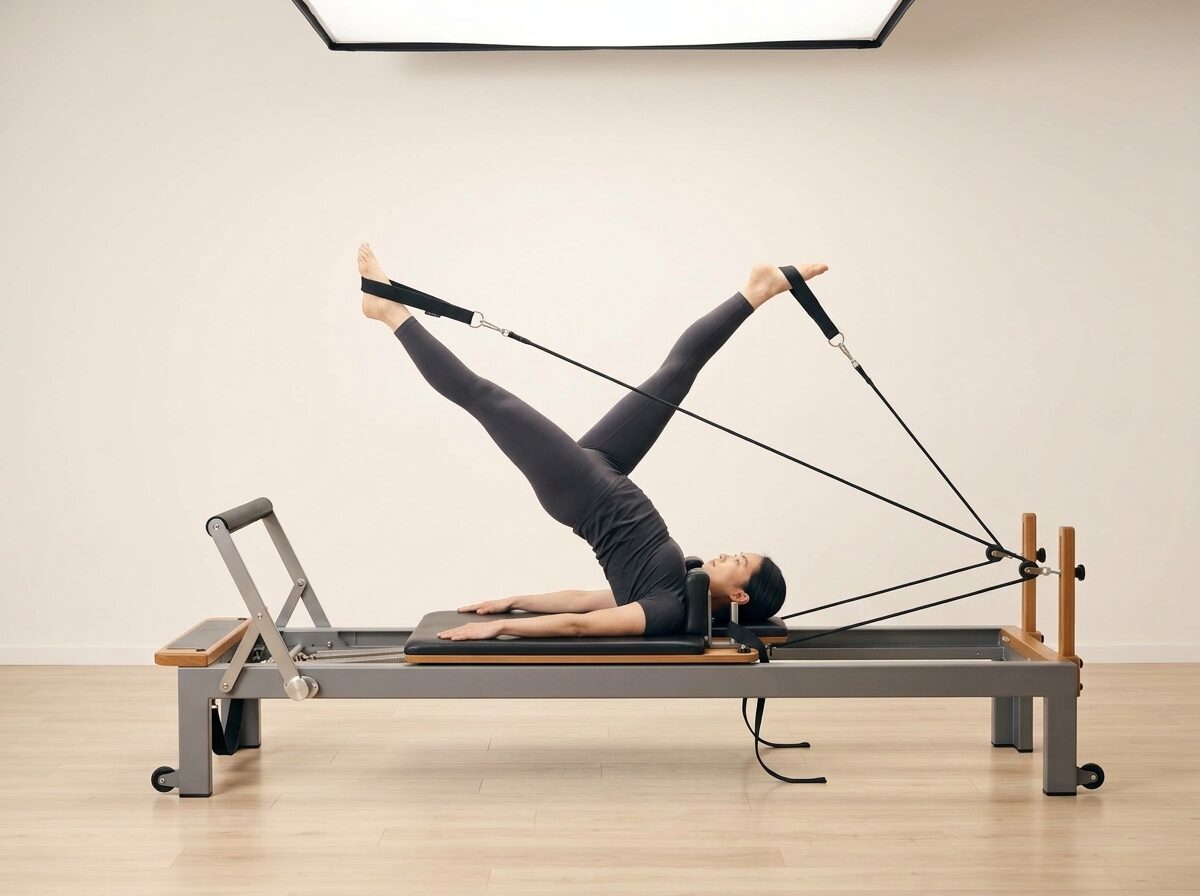 AI-generated illustration: an instructor performing Long Spine Massage, on a Reformer, springs set to 1 medium spring, footbar Medium, headrest Down. Illustrative only — the schematic diagram above shows the movement.