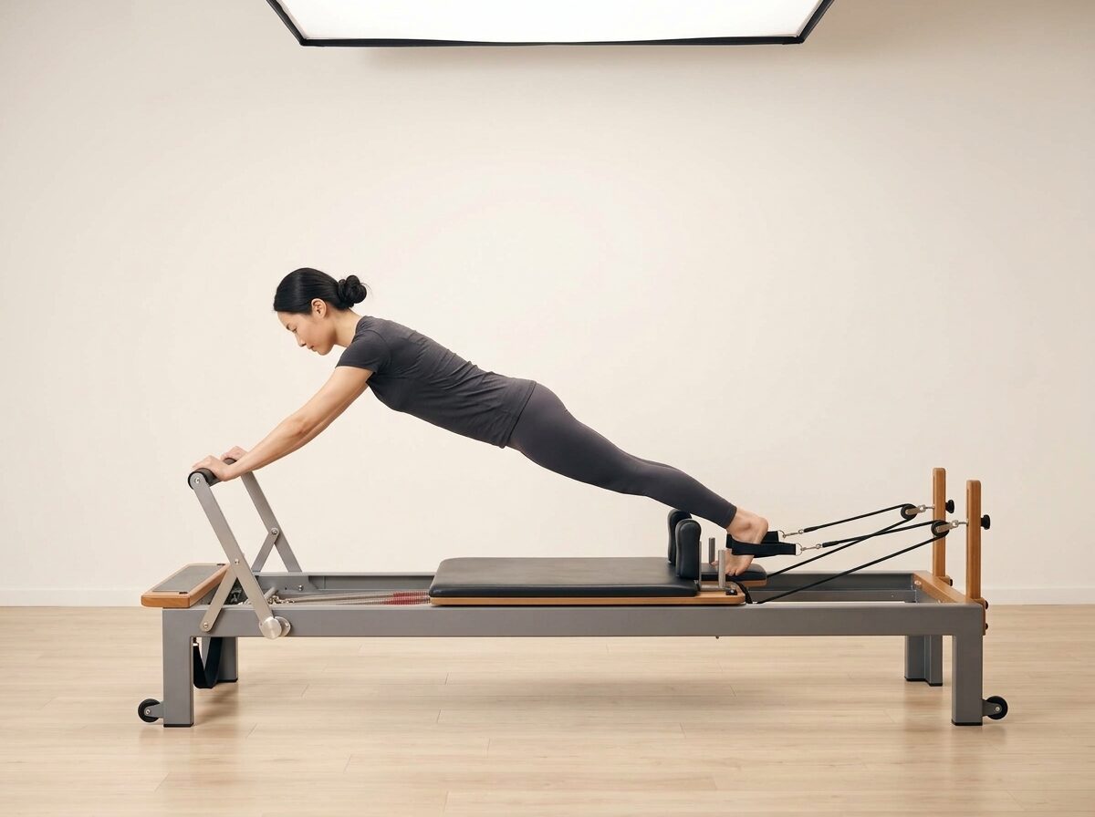 AI-generated illustration: an instructor performing Long Stretch, on a Reformer, springs set to 1 strong or 1 medium spring, footbar Down, headrest Down. Illustrative only — the schematic diagram above shows the movement.
