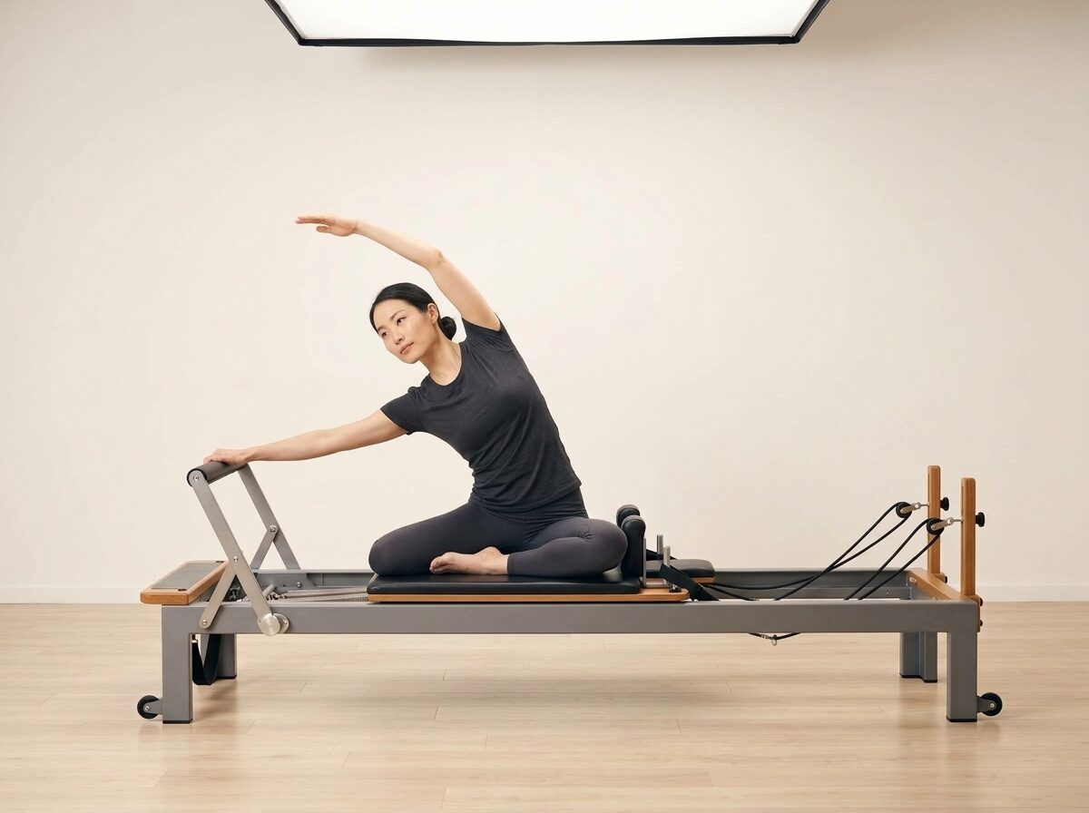 AI-generated illustration: an instructor performing Mermaid, on a Reformer, springs set to 1 strong or 1 medium spring, footbar High, headrest Up. Illustrative only — the schematic diagram above shows the movement.