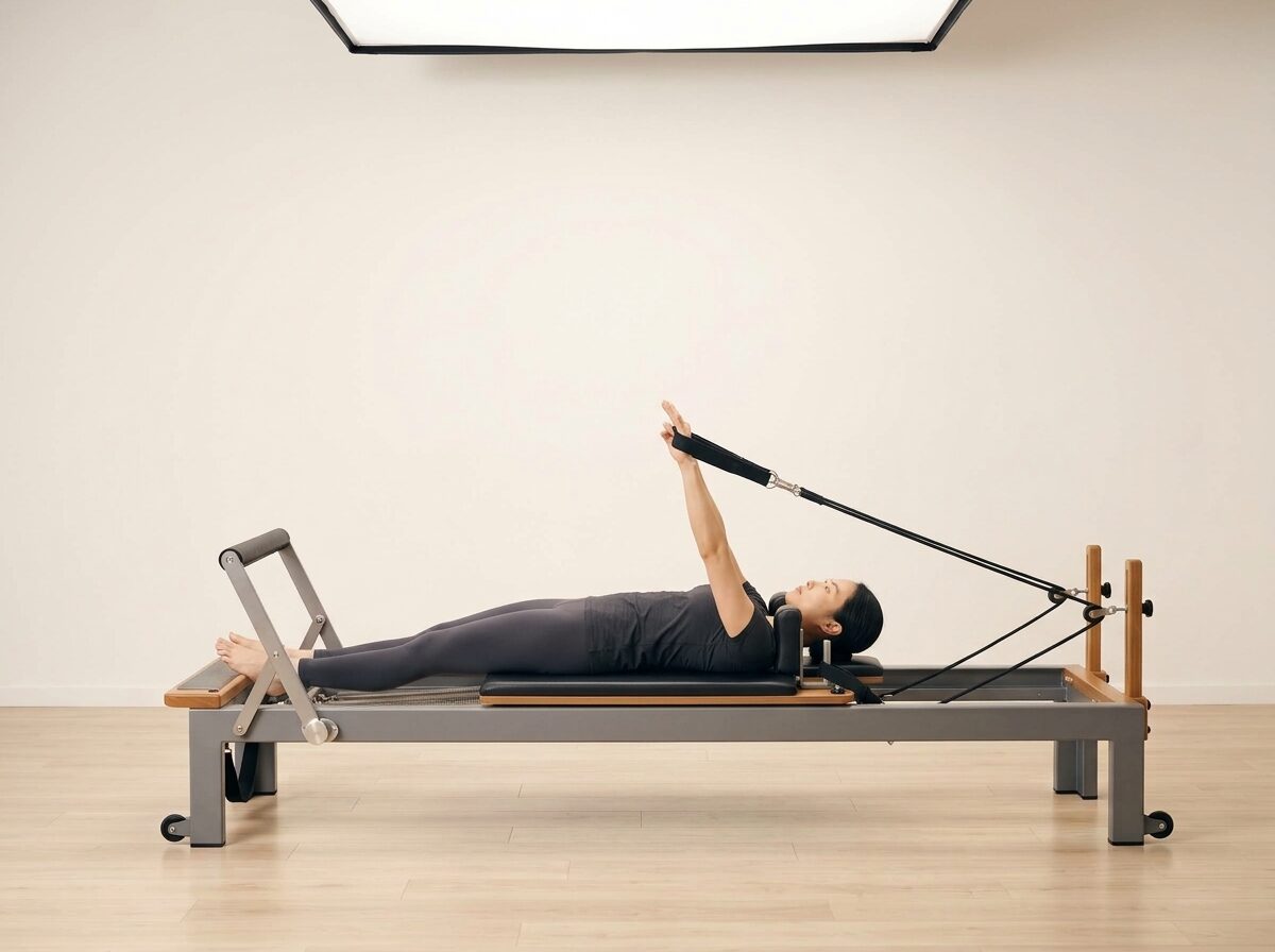 AI-generated illustration: an instructor performing Mid Back Press Down, on a Reformer, springs set to 1 medium or 1 light spring, footbar High, headrest Up. Illustrative only — the schematic diagram below shows the movement.
