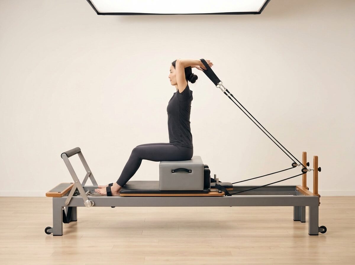 AI-generated illustration: an instructor performing Overhead Triceps Extension, on a Reformer, springs set to 1 medium or 1 light spring, footbar Down, headrest Down, using Sitting Box. Illustrative only — the schematic diagram below shows the movement.
