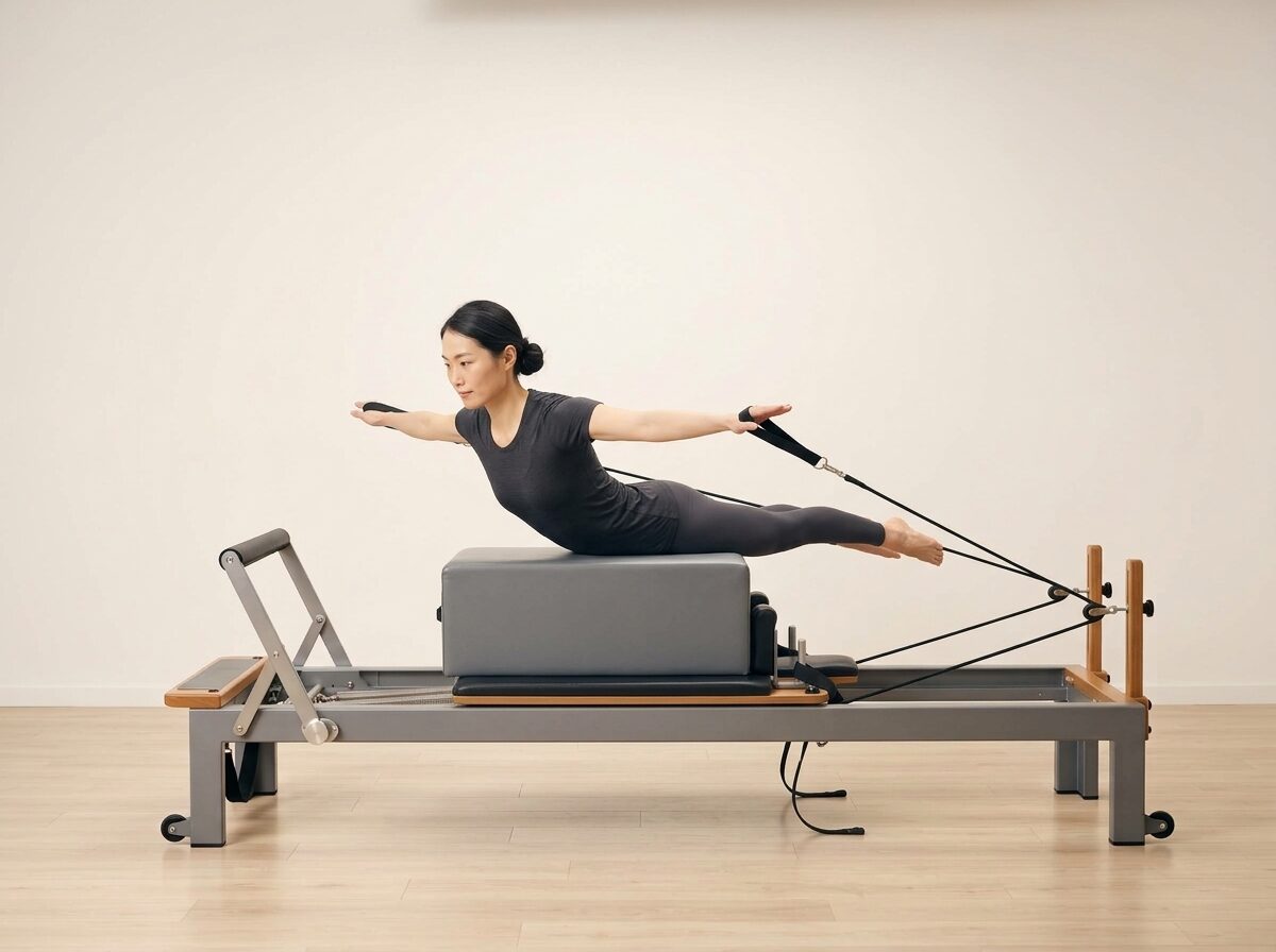 AI-generated illustration: an instructor performing Pulling Straps: T Pull, on a Reformer, springs set to 1 medium or 1 light spring, footbar Down, headrest Down, using Long Box. Illustrative only — the schematic diagram below shows the movement.