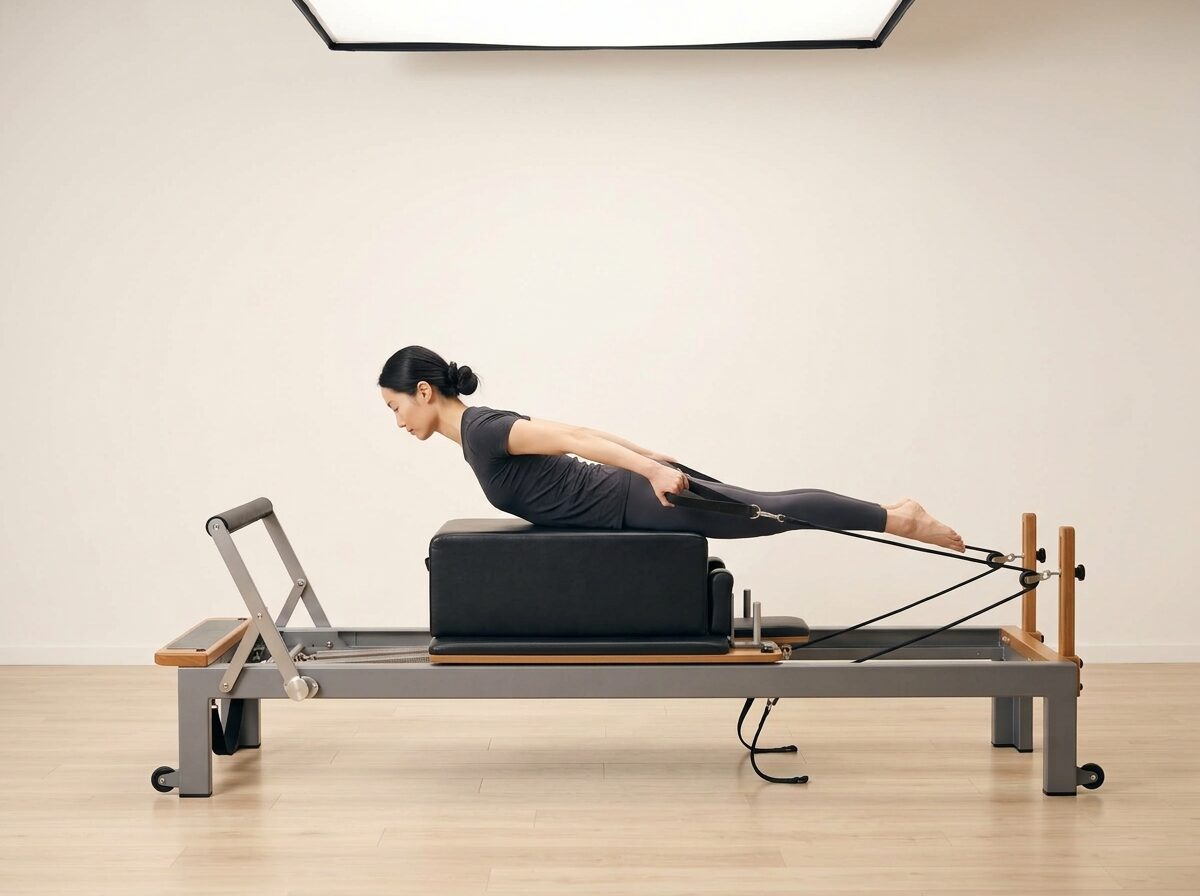 AI-generated illustration: an instructor performing Pulling Straps, on a Reformer, springs set to 1 medium or 1 strong spring, footbar Down, headrest Down, using Sitting Box and Long Box. Illustrative only — the schematic diagram above shows the movement.