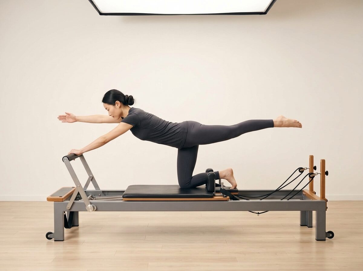 AI-generated illustration: an instructor performing Quadruped Bird Dog, on a Reformer, springs set to 1 medium or 1 light spring, footbar Down, headrest Down. Illustrative only — the schematic diagram above shows the movement.