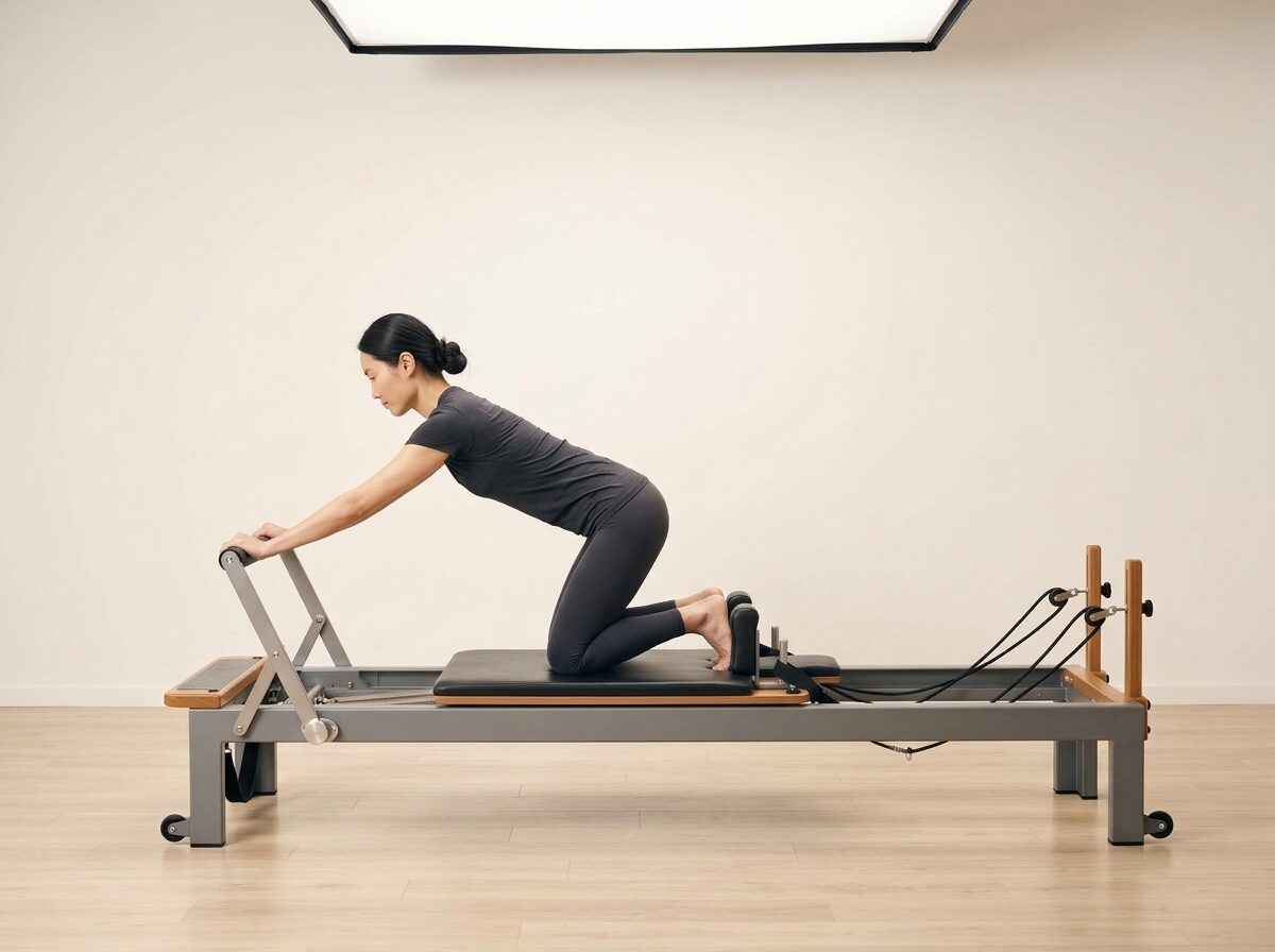 AI-generated illustration: an instructor performing Quadruped Knee Tucks, on a Reformer, springs set to 1 medium or 1 light spring, footbar Down, headrest Down. Illustrative only — the schematic diagram above shows the movement.