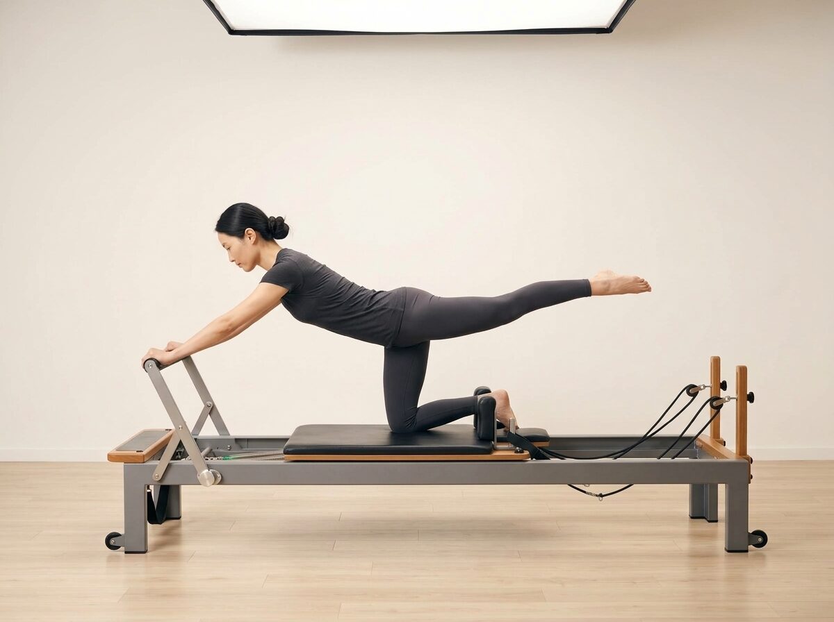 AI-generated illustration: an instructor performing Quadruped Single Leg Stretch, on a Reformer, springs set to 1 medium or 1 light spring, footbar Down, headrest Down. Illustrative only — the schematic diagram above shows the movement.