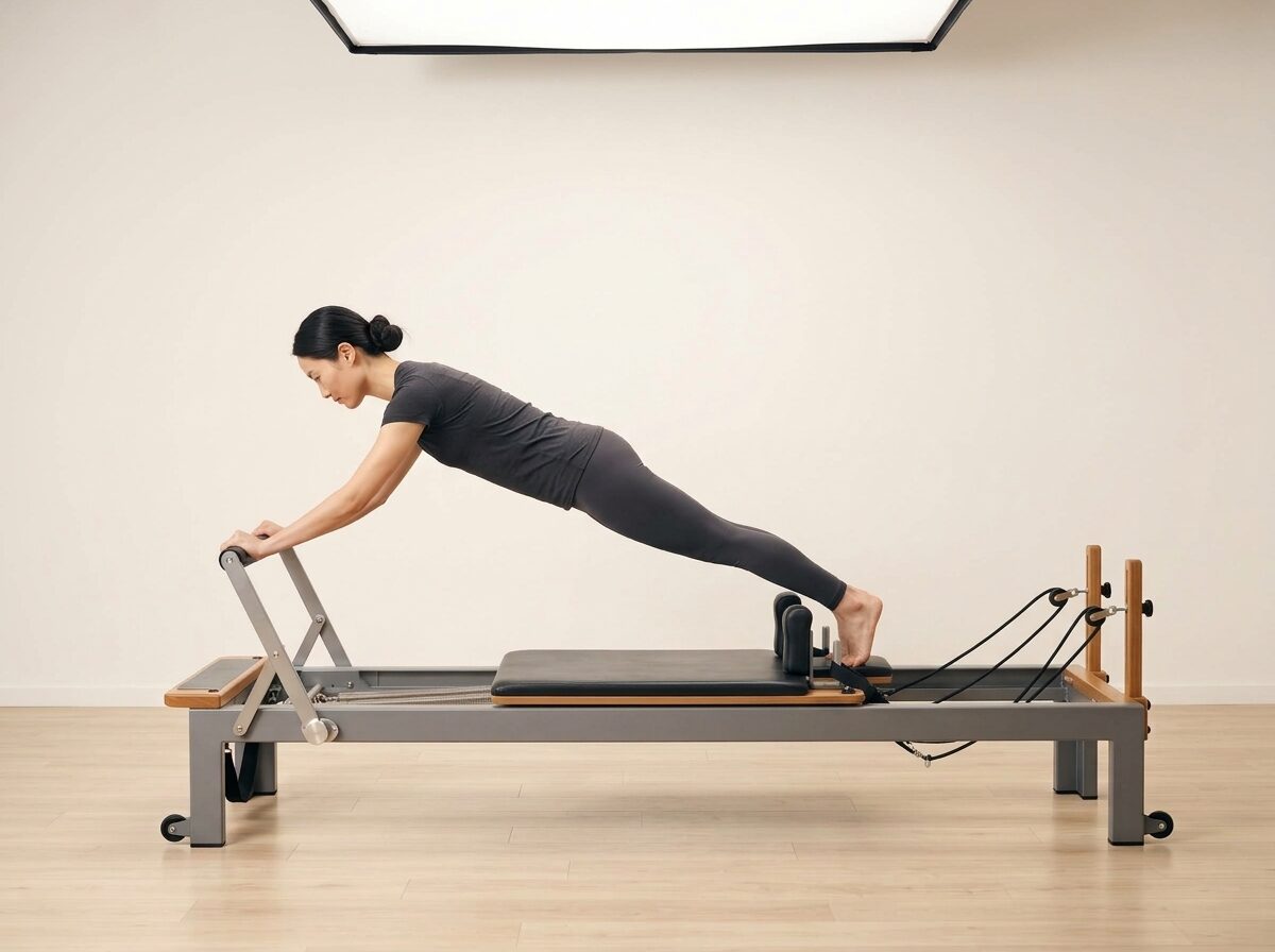 AI-generated illustration: an instructor performing Reformer Push-Up, on a Reformer, springs set to 1 medium or 1 strong spring, footbar Down, headrest Down. Illustrative only — the schematic diagram above shows the movement.
